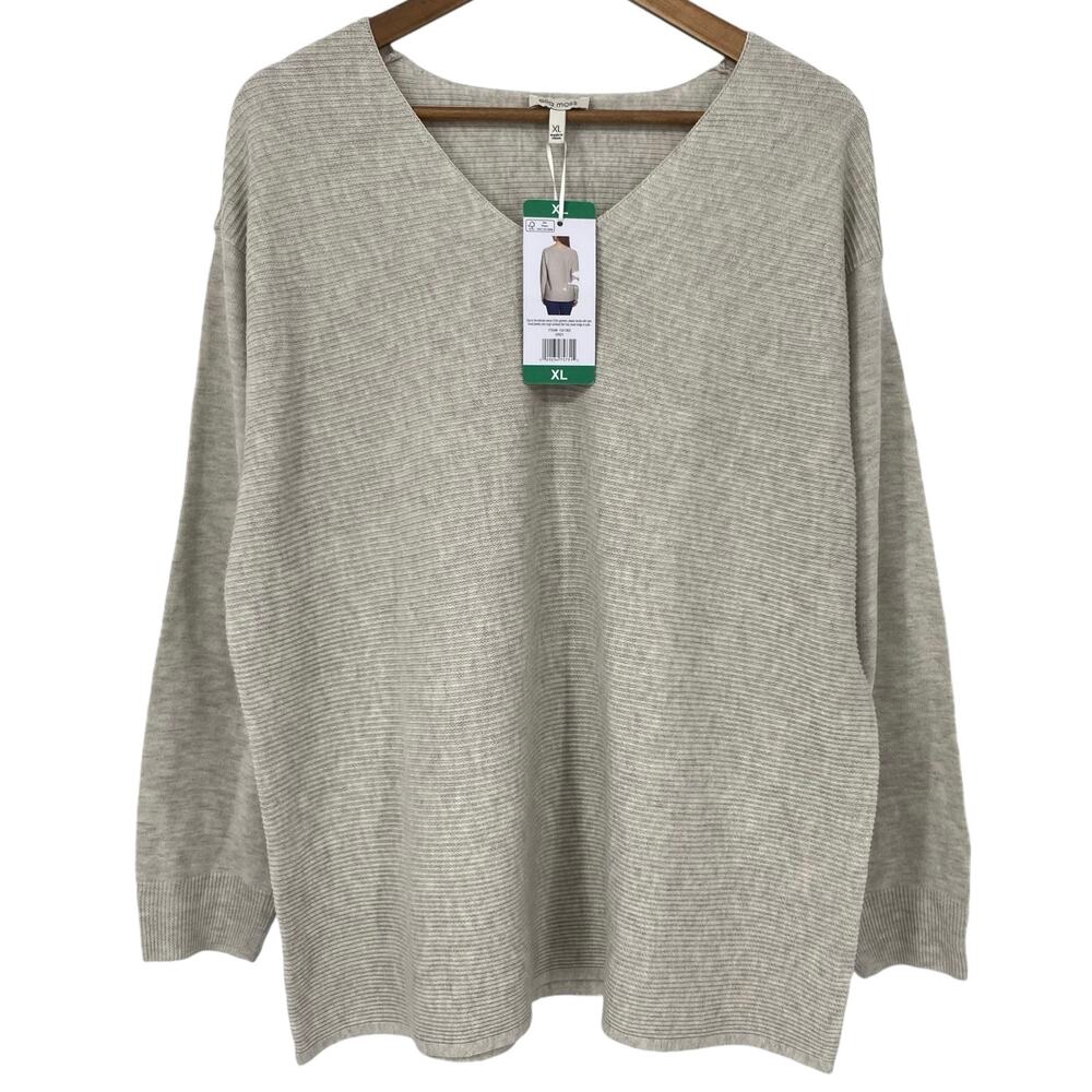 ELLA MOSS NWT Long Sleeve V Neck Sweater Size XL Cream Stretchy Knit Relaxed Fit